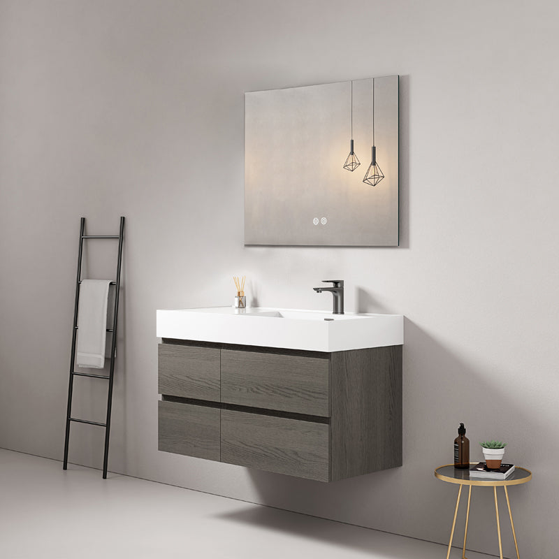 Mobile bagno sospeso 100 cm Grey Lavabo a Destra in Resina Specchio Quadro - Fiji Wood