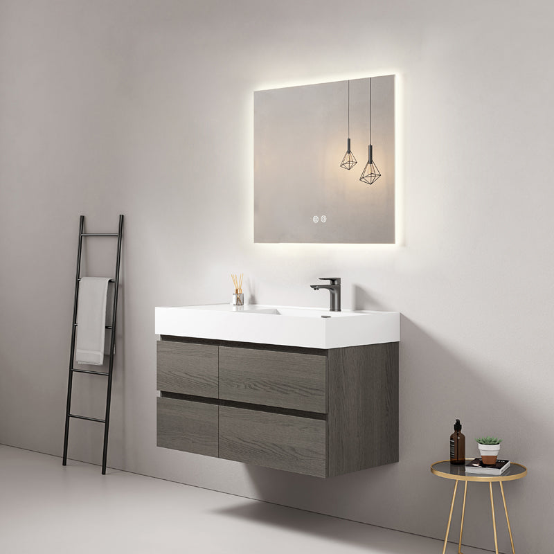 Mobile bagno sospeso 100 cm Grey Lavabo a Destra in Resina Specchio Quadro Retroilluminato - Fiji Wood