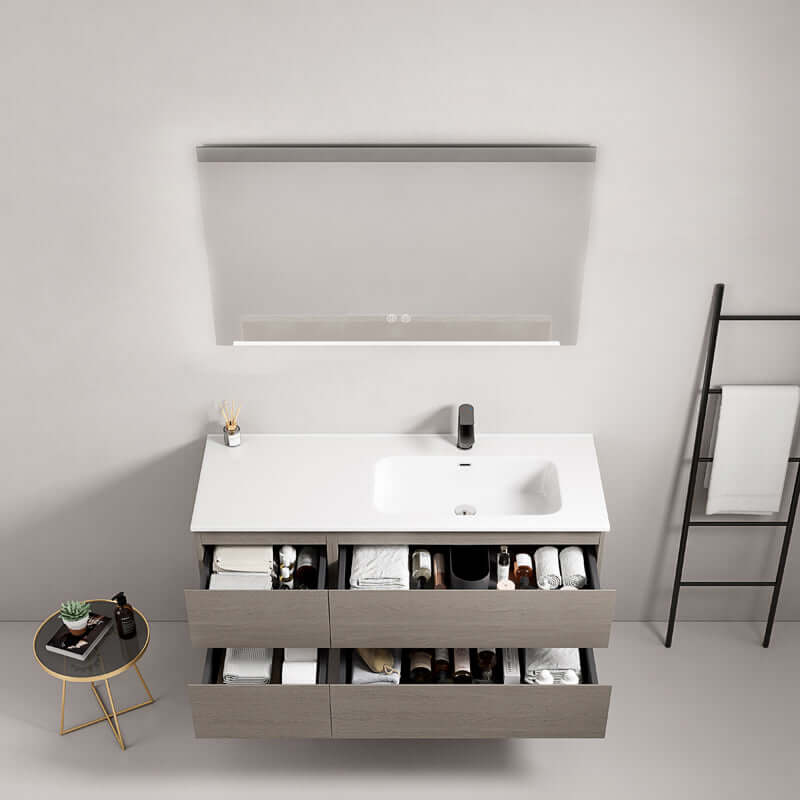 Mobile bagno sospeso 120 cm Beige Lavabo a Destra in Ceramica Specchio Quadro - Fiji Wood