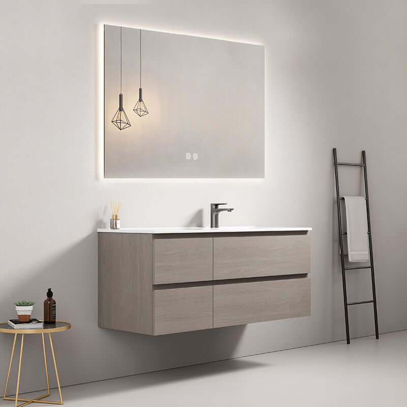 Mobile bagno sospeso 120 cm Beige Lavabo a Destra in Ceramica Specchio Quadro Retroilluminato - Fiji Wood