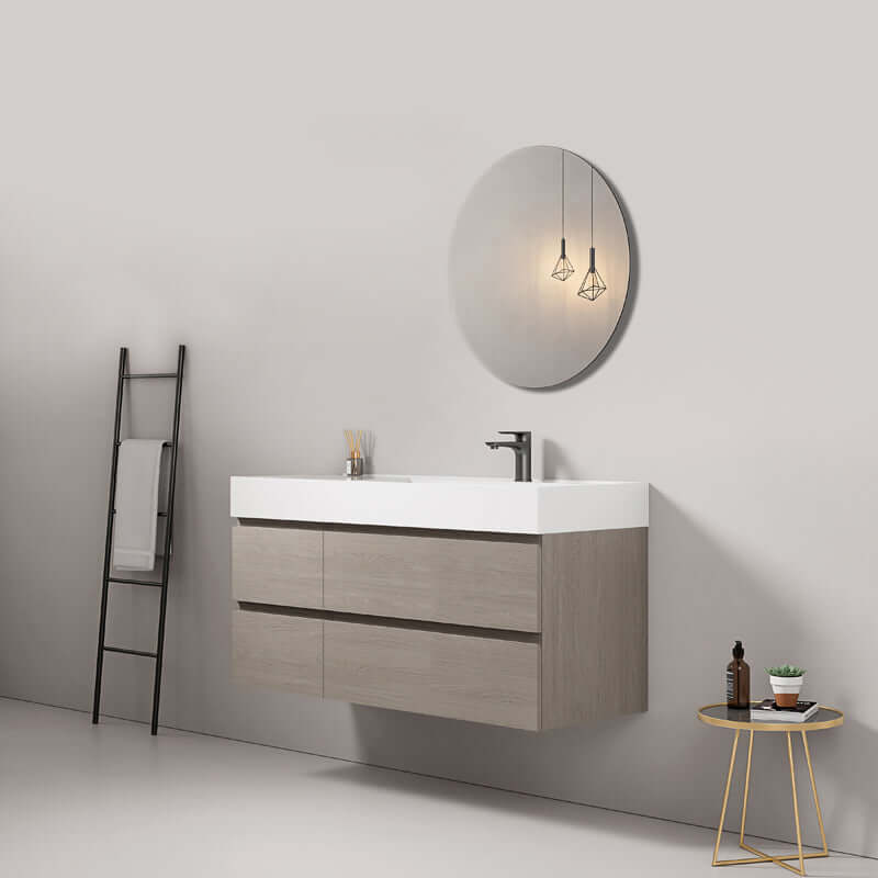 Mobile bagno sospeso 120 cm Beige Lavabo a Destra in Resina Specchio Tondo - Fiji Wood