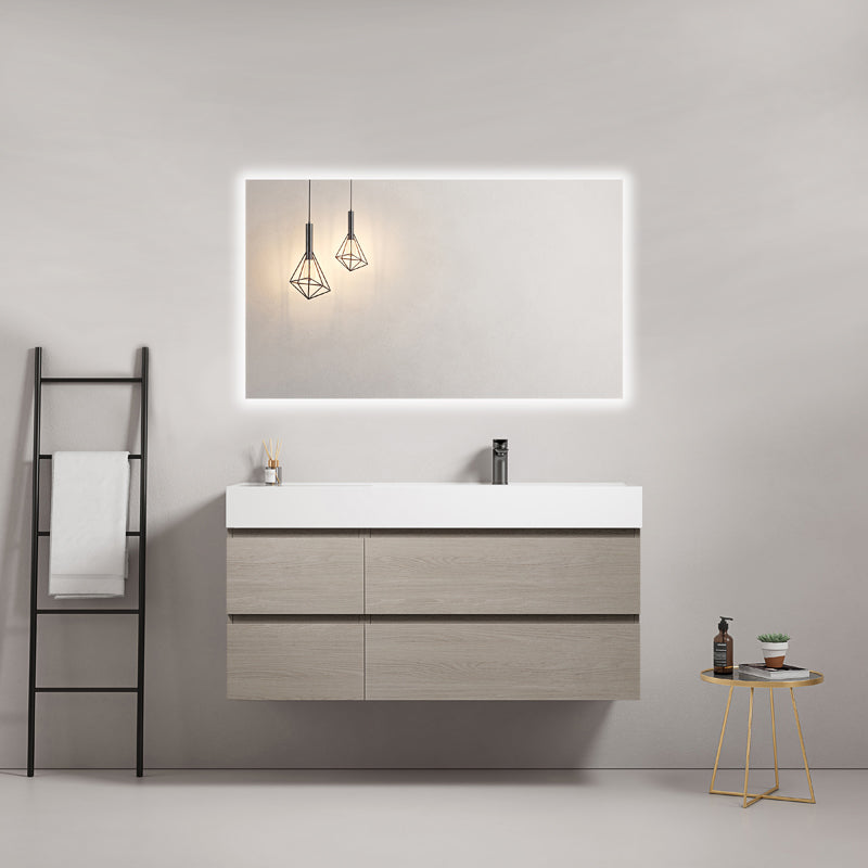 Mobile bagno sospeso 120 cm Beige Lavabo a Destra in Resina Specchio Quadro Retroilluminato - Fiji Wood