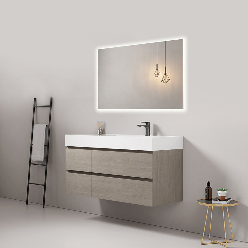 Mobile bagno sospeso 120 cm Beige Lavabo a Destra in Resina Specchio Quadro Retroilluminato - Fiji Wood