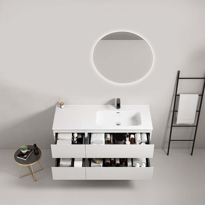 Mobile bagno sospeso 120 cm Bianco Lavabo a Destra in Ceramica Specchio Tondo Retroilluminato - Fiji Wood
