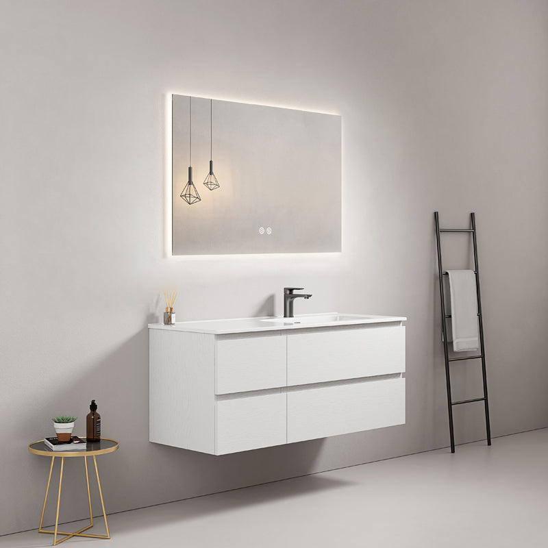 Mobile bagno sospeso 120 cm Bianco Lavabo a Destra in Ceramica Specchio Quadro Retroilluminato - Fiji Wood