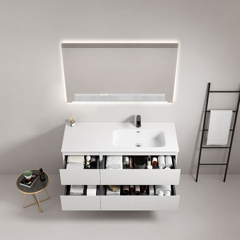 Mobile bagno sospeso 120 cm Bianco Lavabo a Destra in Ceramica Specchio Quadro Retroilluminato - Fiji Wood