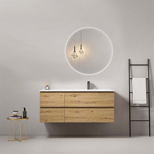 Mobile bagno sospeso 120 cm Bruno Medio Lavabo a Destra in Ceramica Specchio Tondo Retroilluminato - Fiji Wood
