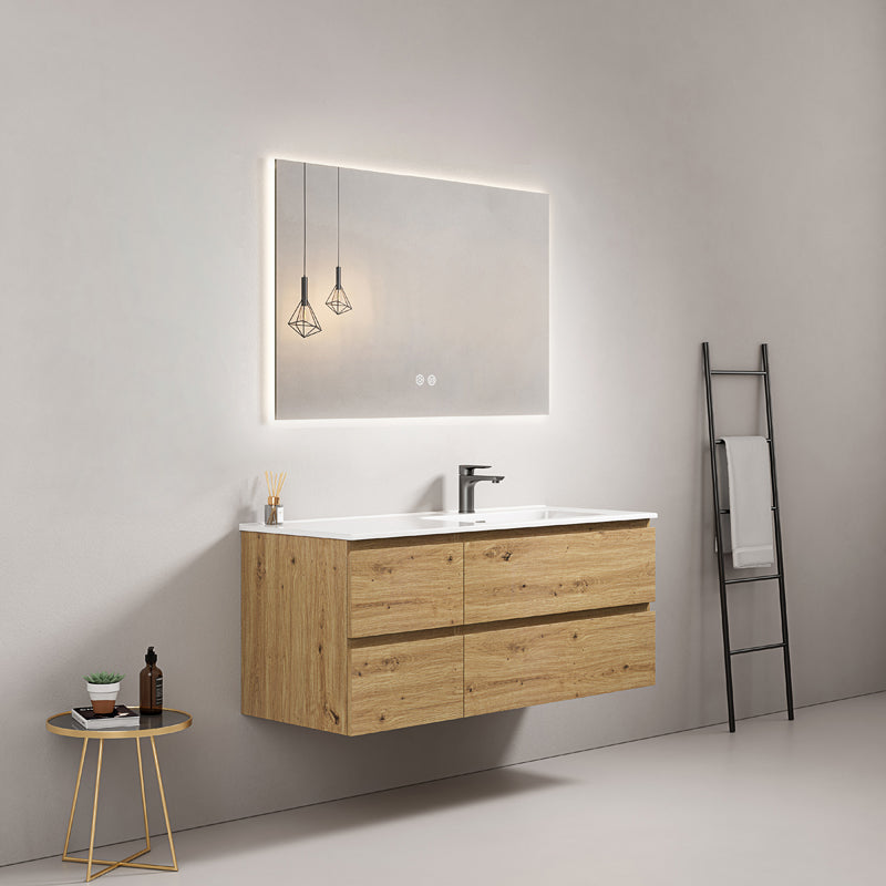 Mobile bagno sospeso 120 cm Bruno Medio Lavabo a Destra in Ceramica Specchio Quadro Retroilluminato - Fiji Wood