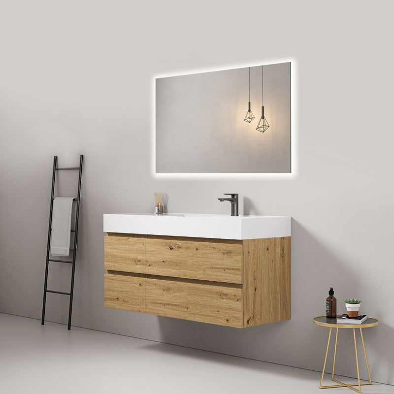 Mobile bagno sospeso 120 cm Bruno Medio Lavabo a Destra in Resina Specchio Quadro Retroilluminato - Fiji Wood