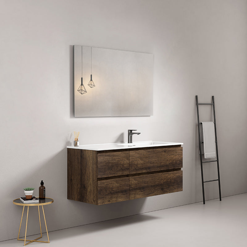 Mobile bagno sospeso 120 cm Bruno Scuro Lavabo a Sinistra in Ceramica Specchio Quadro - Fiji Wood
