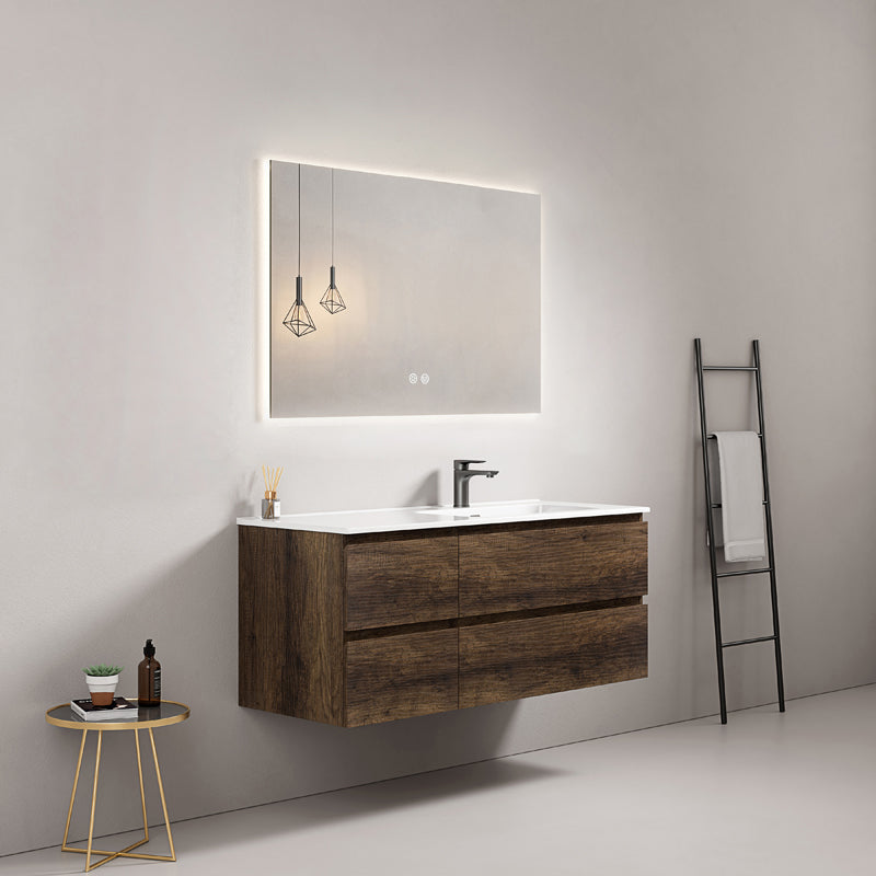Mobile bagno sospeso 120 cm Bruno Scuro Lavabo a Destra in Ceramica Specchio Quadro Retroilluminato - Fiji Wood