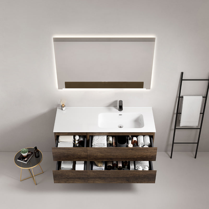 Mobile bagno sospeso 120 cm Bruno Scuro Lavabo a Sinistra in Ceramica Specchio Quadro Retroilluminato - Fiji Wood