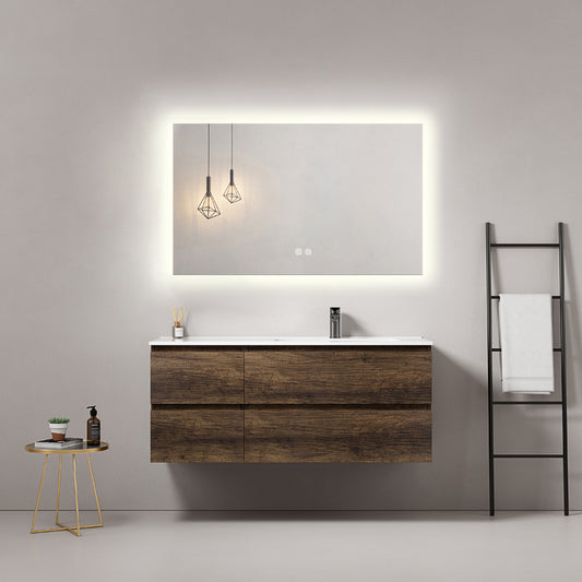 Mobile bagno sospeso 120 cm Bruno Scuro Lavabo a Sinistra in Ceramica Specchio Quadro Retroilluminato - Fiji Wood