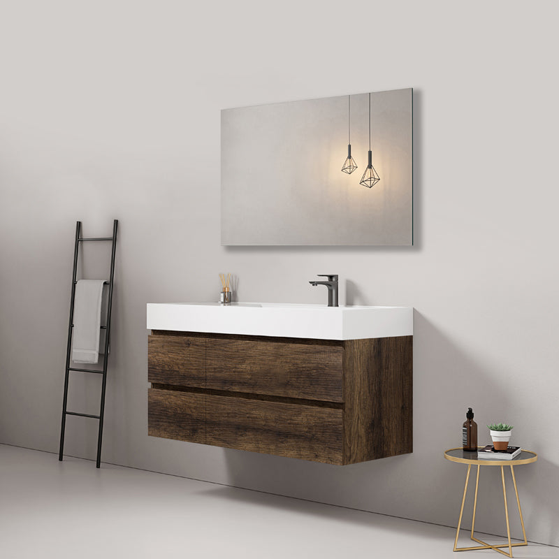 Mobile bagno sospeso 120 cm Bruno Scuro Lavabo a Destra in Resina Specchio Quadro - Fiji Wood