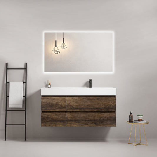 Mobile bagno sospeso 120 cm Bruno Scuro Lavabo a Destra in Resina Specchio Quadro Retroilluminato - Fiji Wood
