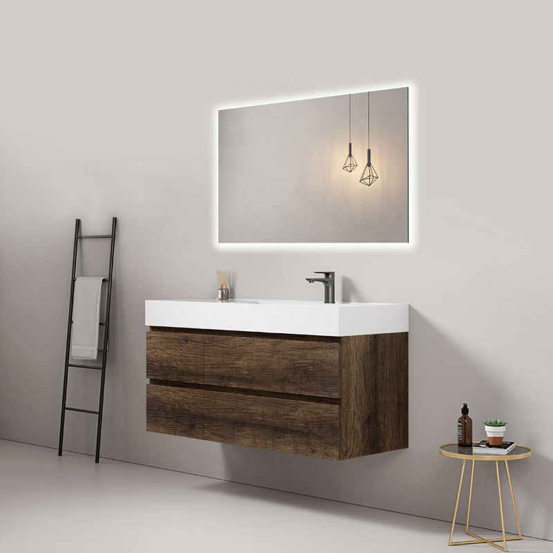 Mobile bagno sospeso 120 cm Bruno Scuro Lavabo a Destra in Resina Specchio Quadro Retroilluminato - Fiji Wood