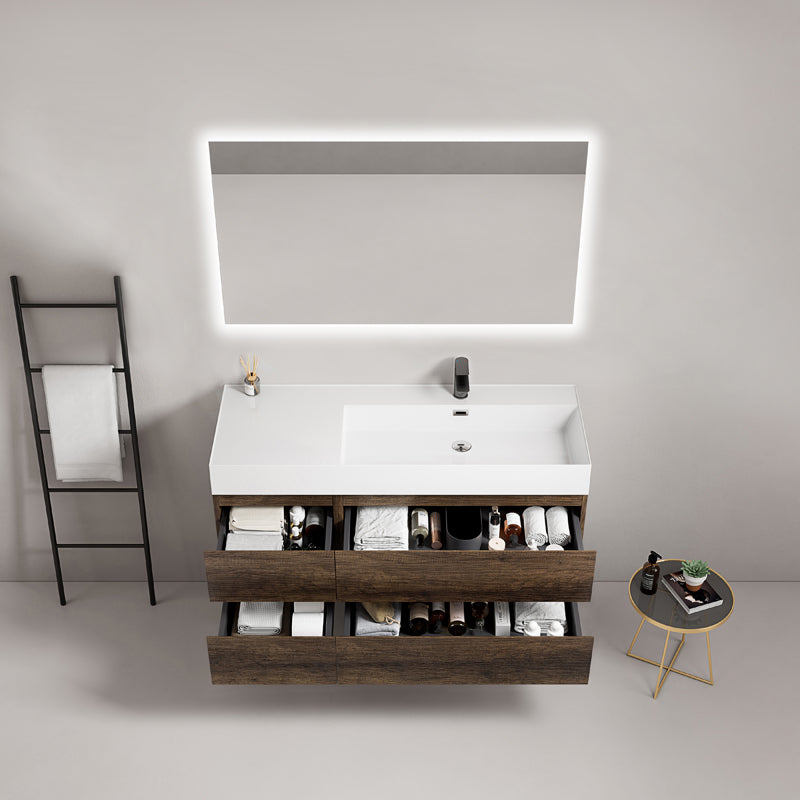 Mobile bagno sospeso 120 cm Bruno Scuro Lavabo a Destra in Resina Specchio Quadro Retroilluminato - Fiji Wood