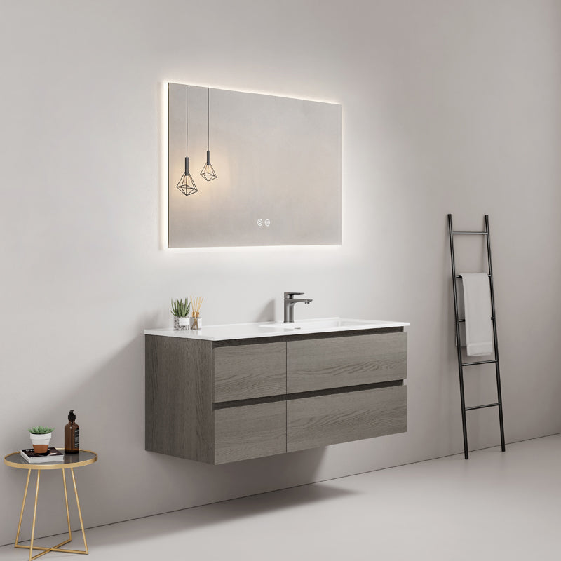Mobile bagno sospeso 120 cm Grey Lavabo a Destra in Ceramica Specchio Quadro Retroilluminato - Fiji Wood