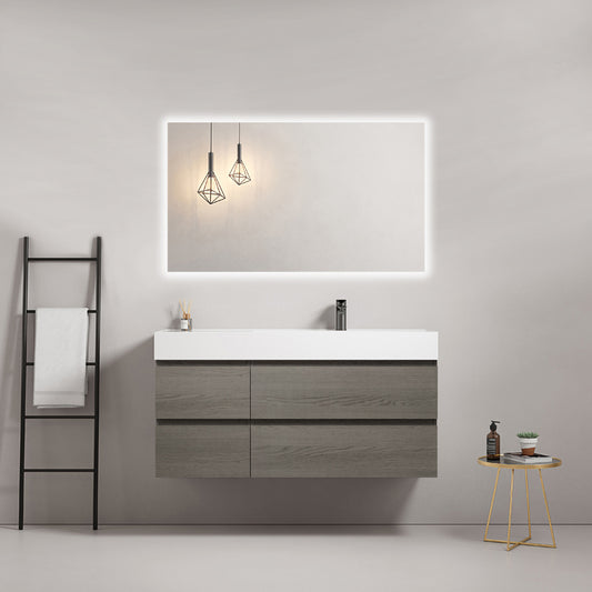 Mobile bagno sospeso 120 cm Grey Lavabo a Destra in Resina Specchio Quadro Retroilluminato - Fiji Wood