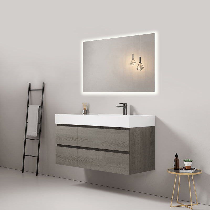 Mobile bagno sospeso 120 cm Grey Lavabo a Destra in Resina Specchio Quadro Retroilluminato - Fiji Wood