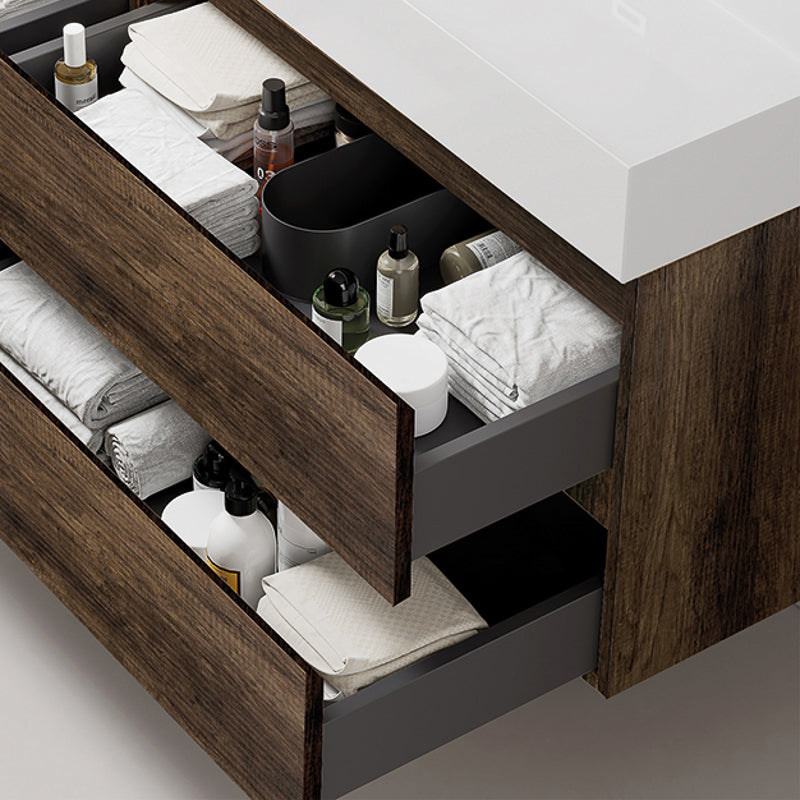 Mobile bagno sospeso 80 cm Bruno Scuro Lavabo in Resina Specchio Tondo Retroilluminato - Fiji Wood