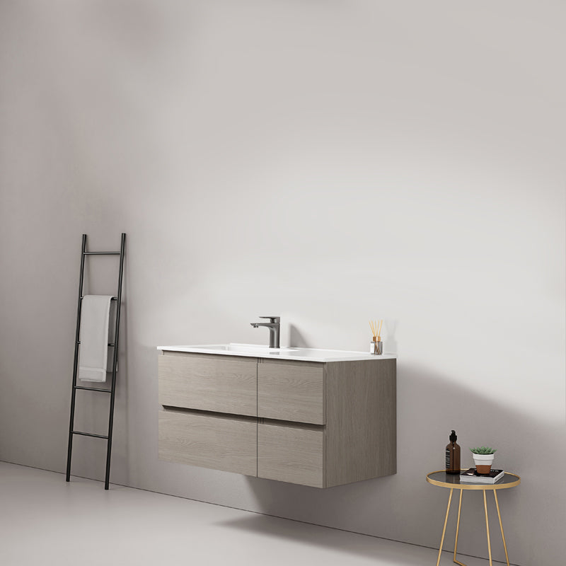 Mobile bagno sospeso 100 cm Beige Lavabo a Sinistra in Ceramica Senza Specchio - Fiji Wood