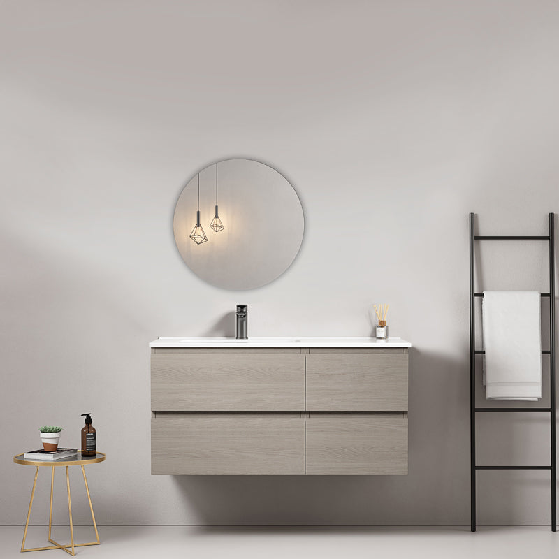 Mobile bagno sospeso 100 cm Beige Lavabo a Sinistra in Ceramica Specchio Tondo - Fiji Wood