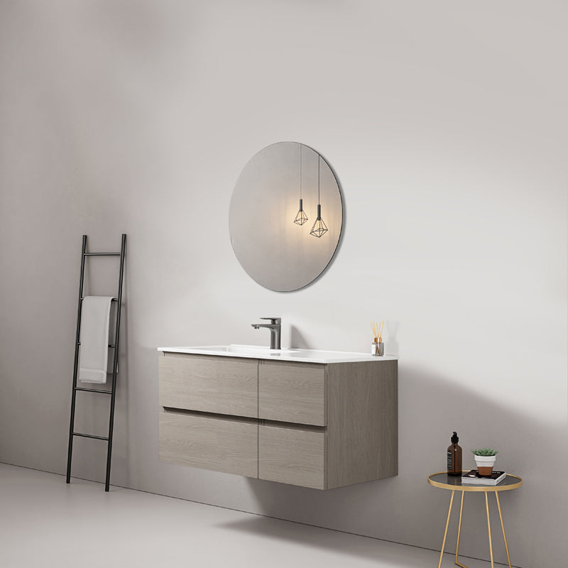 Mobile bagno sospeso 100 cm Beige Lavabo a Sinistra in Ceramica Specchio Tondo - Fiji Wood
