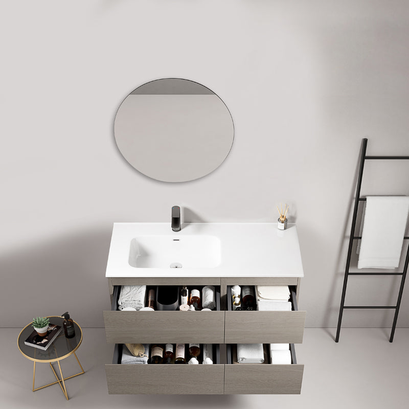 Mobile bagno sospeso 100 cm Beige Lavabo a Sinistra in Ceramica Specchio Tondo - Fiji Wood