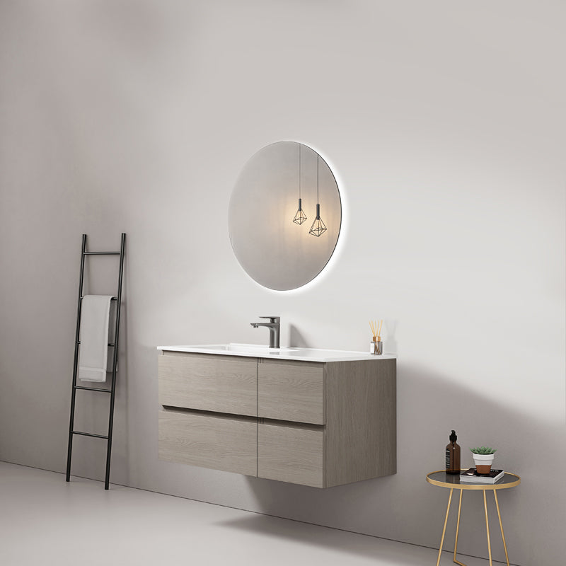 Mobile bagno sospeso 100 cm Beige Lavabo a Sinistra in Ceramica Specchio Tondo Retroilluminato - Fiji Wood