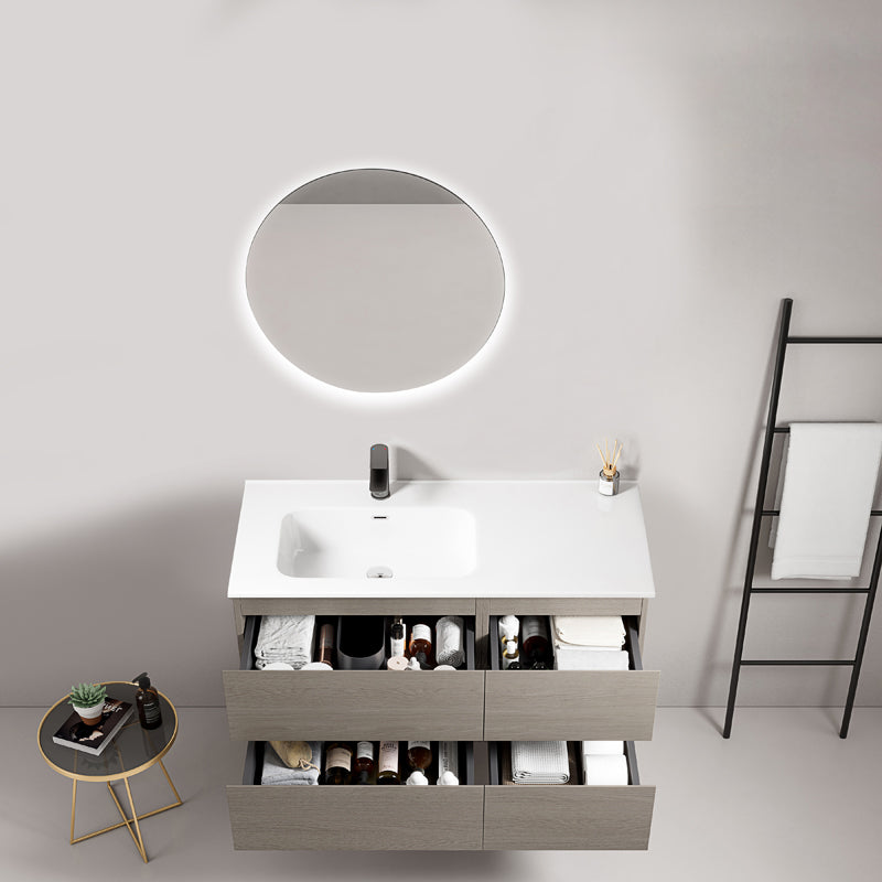 Mobile bagno sospeso 100 cm Beige Lavabo a Sinistra in Ceramica Specchio Tondo Retroilluminato - Fiji Wood