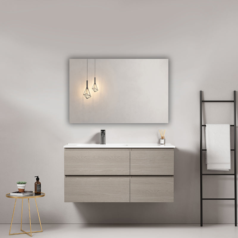 Mobile bagno sospeso 100 cm Beige Lavabo a Sinistra in Ceramica Specchio Quadro - Fiji Wood