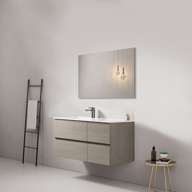 Mobile bagno sospeso 100 cm Beige Lavabo a Sinistra in Ceramica Specchio Quadro - Fiji Wood