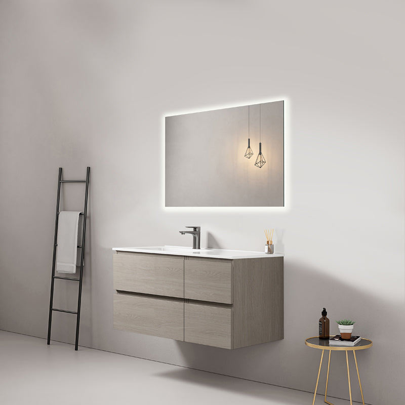 Mobile bagno sospeso 100 cm Beige Lavabo a Sinistra in Ceramica Specchio Quadro Retroilluminato - Fiji Wood