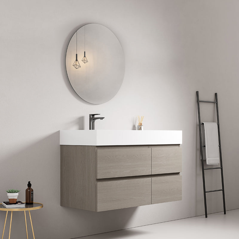 Mobile bagno sospeso 100 cm Beige Lavabo a Sinistra in Resina Specchio Tondo - Fiji Wood