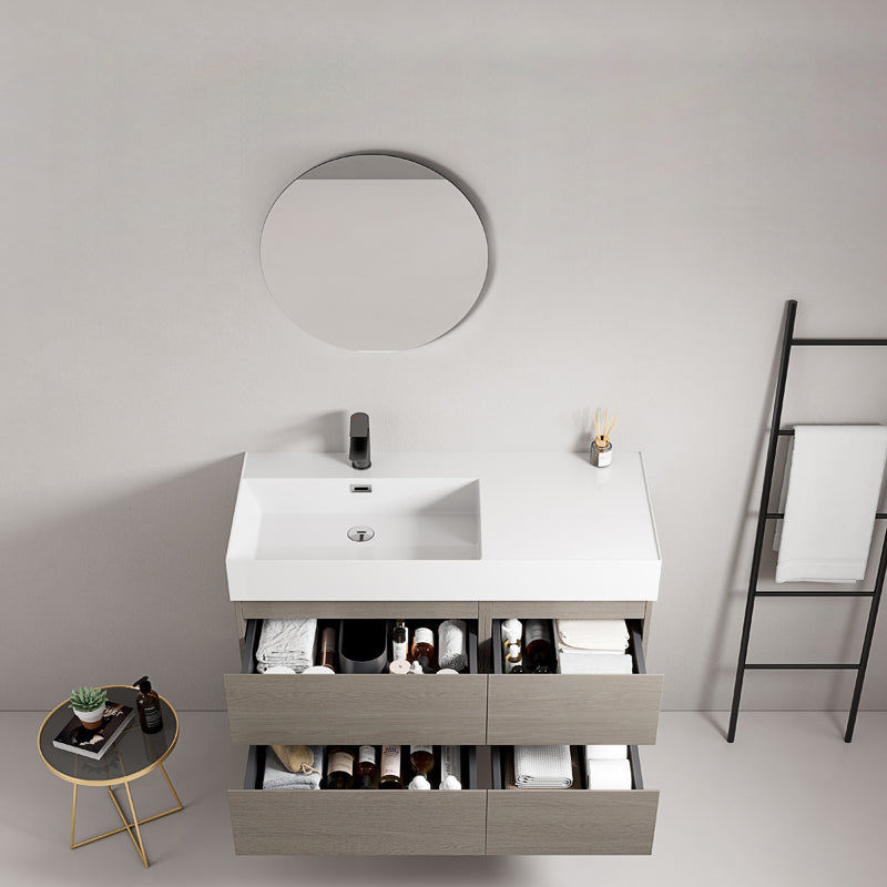 Mobile bagno sospeso 100 cm Beige Lavabo a Sinistra in Resina Specchio Tondo - Fiji Wood