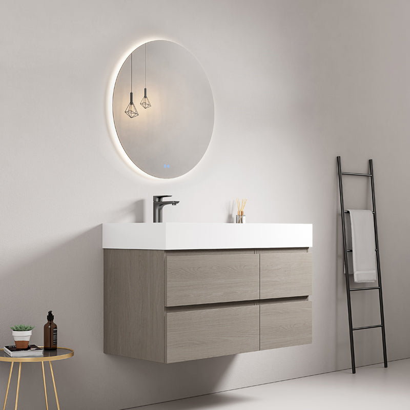 Mobile bagno sospeso 100 cm Beige Lavabo a Sinistra in Resina Specchio Tondo Retroilluminato - Fiji Wood