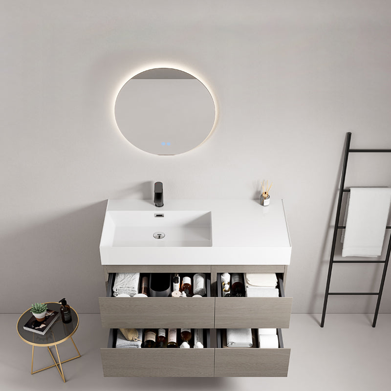 Mobile bagno sospeso 100 cm Beige Lavabo a Sinistra in Resina Specchio Tondo Retroilluminato - Fiji Wood