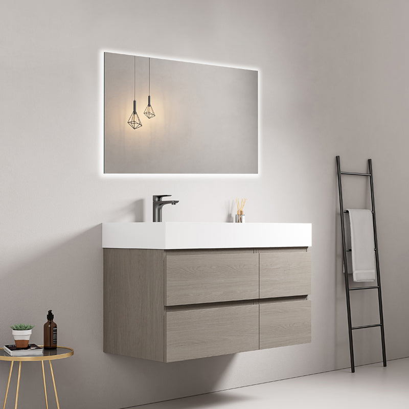 Mobile bagno sospeso 100 cm Beige Lavabo a Sinistra in Resina Specchio Quadro Retroilluminato - Fiji Wood
