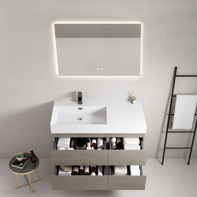 Mobile bagno sospeso 100 cm Beige Lavabo a Sinistra in Resina Specchio Quadro Retroilluminato - Fiji Wood
