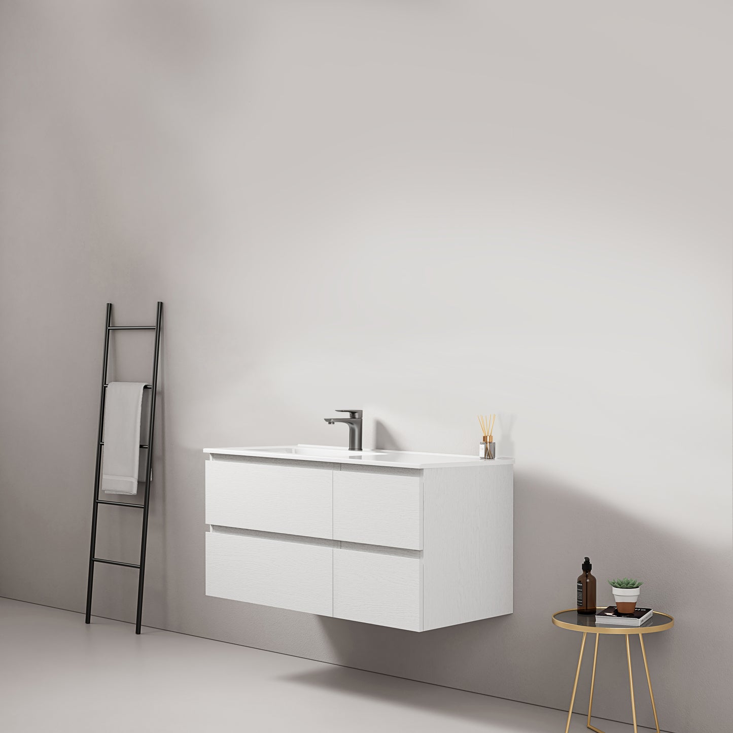 Mobile bagno sospeso 100 cm Bianco Lavabo a Sinistra in Ceramica Senza Specchio - Fiji Wood