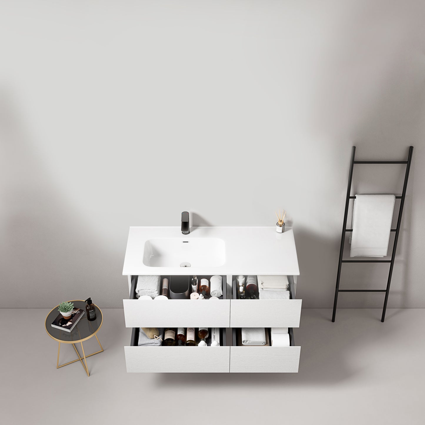 Mobile bagno sospeso 100 cm Bianco Lavabo a Sinistra in Ceramica Senza Specchio - Fiji Wood