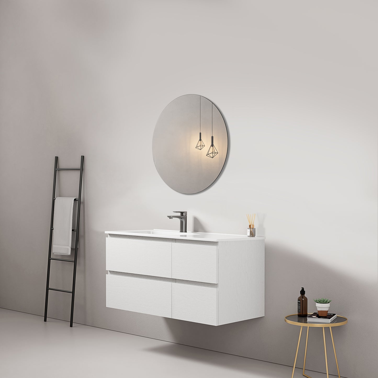 Mobile bagno sospeso 100 cm Bianco Lavabo a Sinistra in Ceramica Specchio Tondo - Fiji Wood