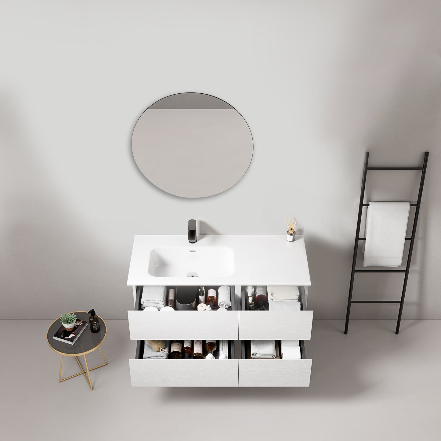 Mobile bagno sospeso 100 cm Bianco Lavabo a Sinistra in Ceramica Specchio Tondo - Fiji Wood