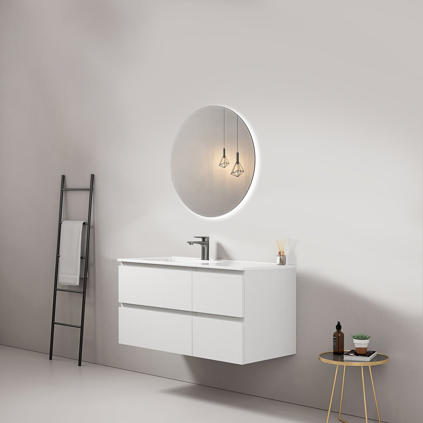 Mobile bagno sospeso 100 cm Bianco Lavabo a Sinistra in Ceramica Specchio Tondo Retroilluminato - Fiji Wood
