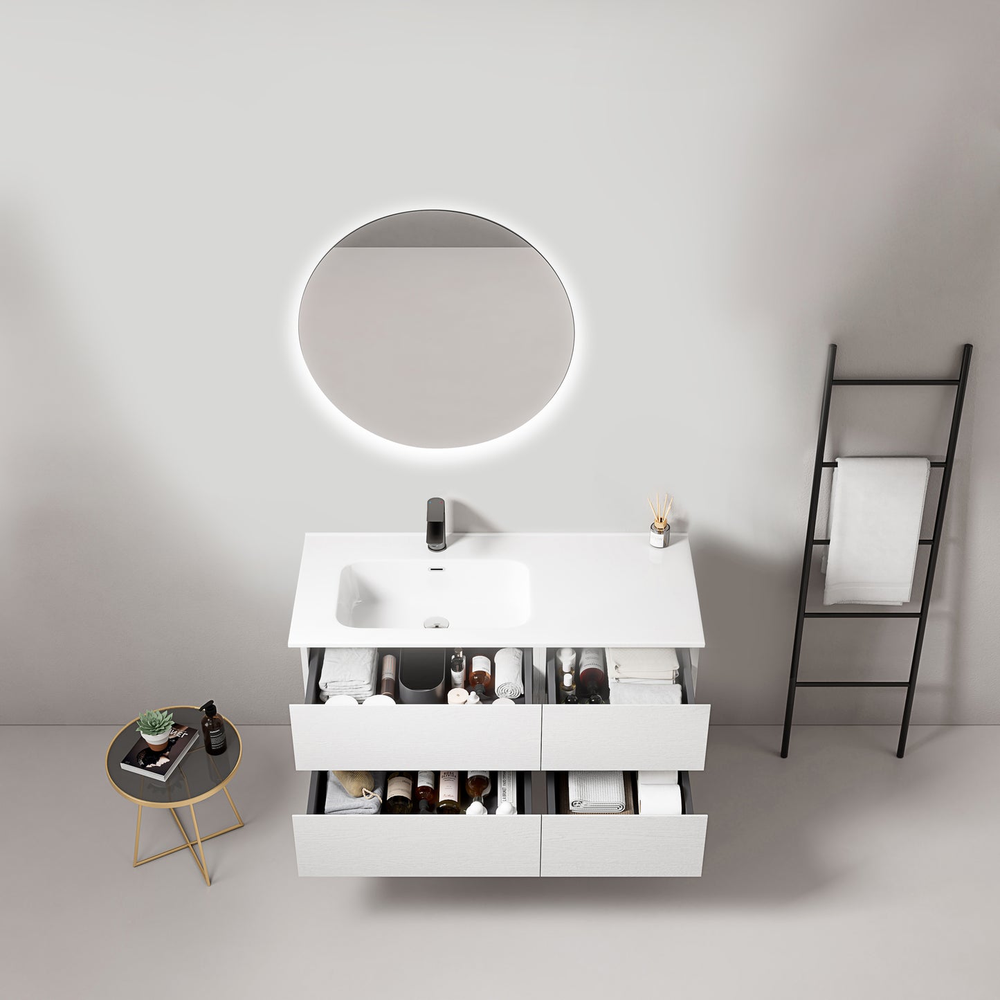 Mobile bagno sospeso 100 cm Bianco Lavabo a Sinistra in Ceramica Specchio Tondo Retroilluminato - Fiji Wood