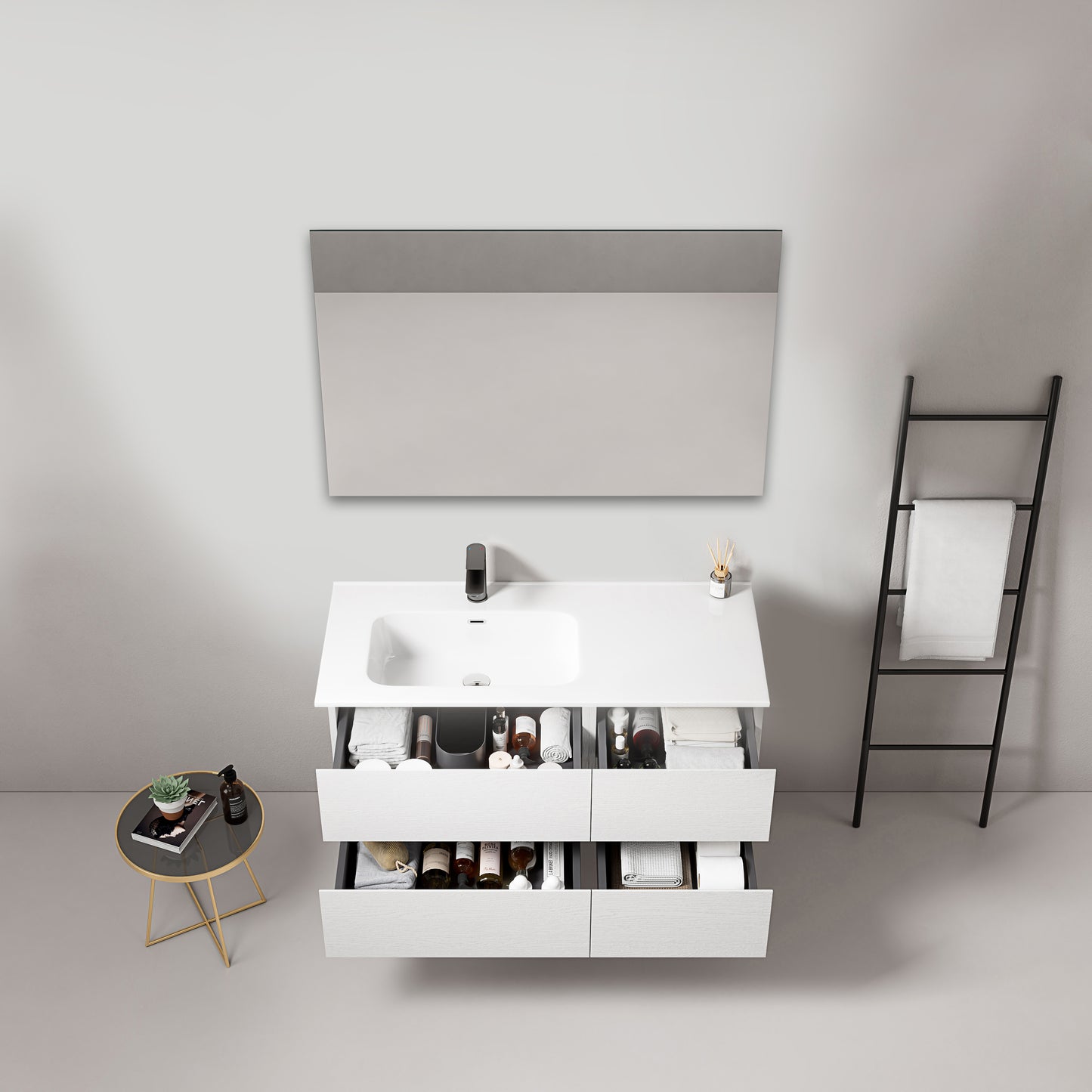 Mobile bagno sospeso 100 cm Bianco Lavabo a Sinistra in Ceramica Specchio Quadro - Fiji Wood