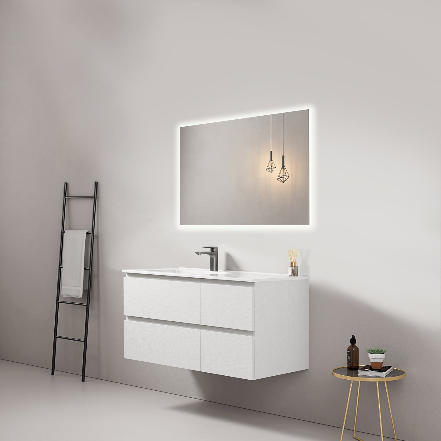 Mobile bagno sospeso 100 cm Bianco Lavabo a Sinistra in Ceramica Specchio Quadro Retroilluminato - Fiji Wood