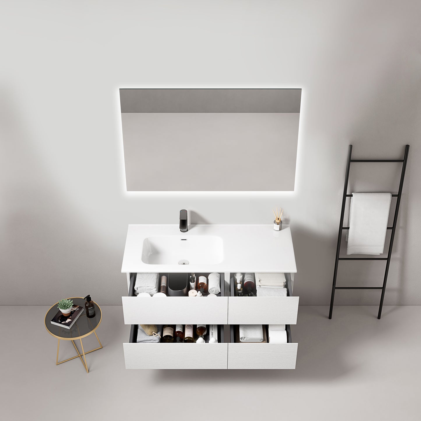 Mobile bagno sospeso 100 cm Bianco Lavabo a Sinistra in Ceramica Specchio Quadro Retroilluminato - Fiji Wood
