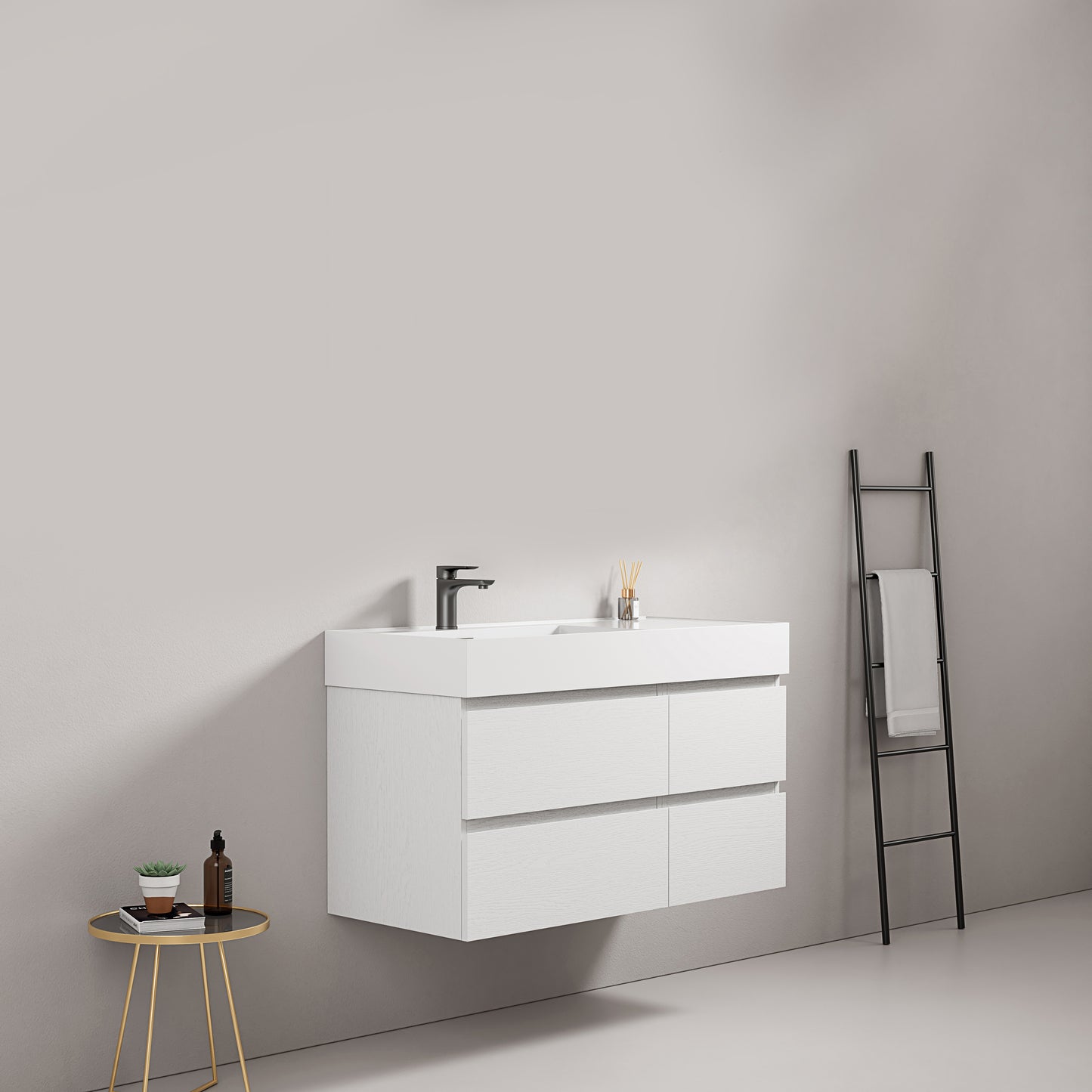 Mobile bagno sospeso 100 cm Bianco Lavabo a Sinistra in Resina Senza Specchio - Fiji Wood